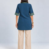 Blue Cotton-Flax Camp-Collar Tunic with Gold Zig-Zag Block Print