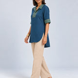 Blue Cotton-Flax Camp-Collar Tunic with Gold Zig-Zag Block Print