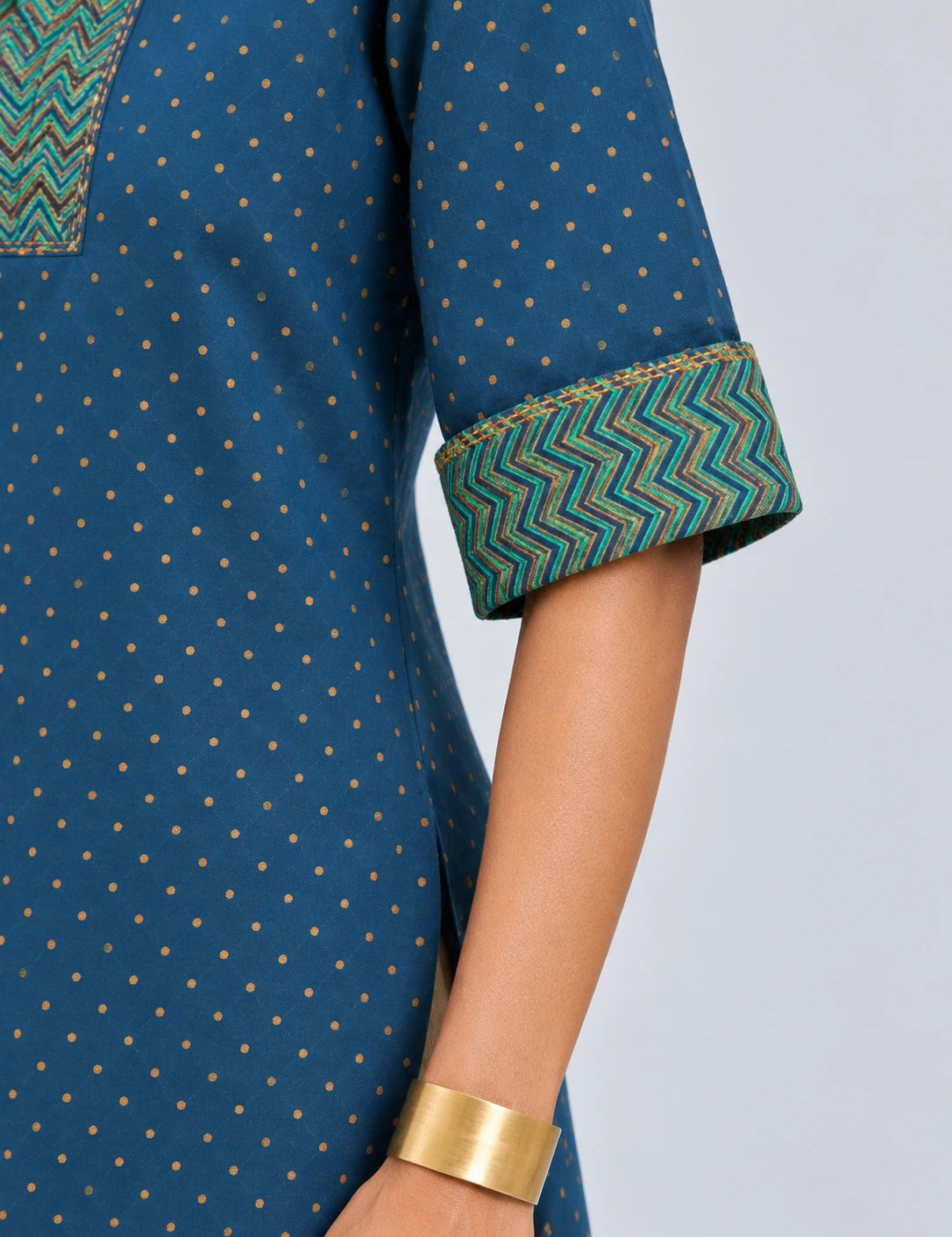 Blue Cotton-Flax Camp-Collar Tunic with Gold Zig-Zag Block Print