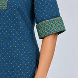 Blue Cotton-Flax Camp-Collar Tunic with Gold Zig-Zag Block Print