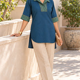 Blue Cotton-Flax Camp-Collar Tunic with Gold Zig-Zag Block Print