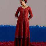 RA Studio Maroon Block Printed Coord Set Flared Dress with Contrast Cuffs and Gold Dot Skirt