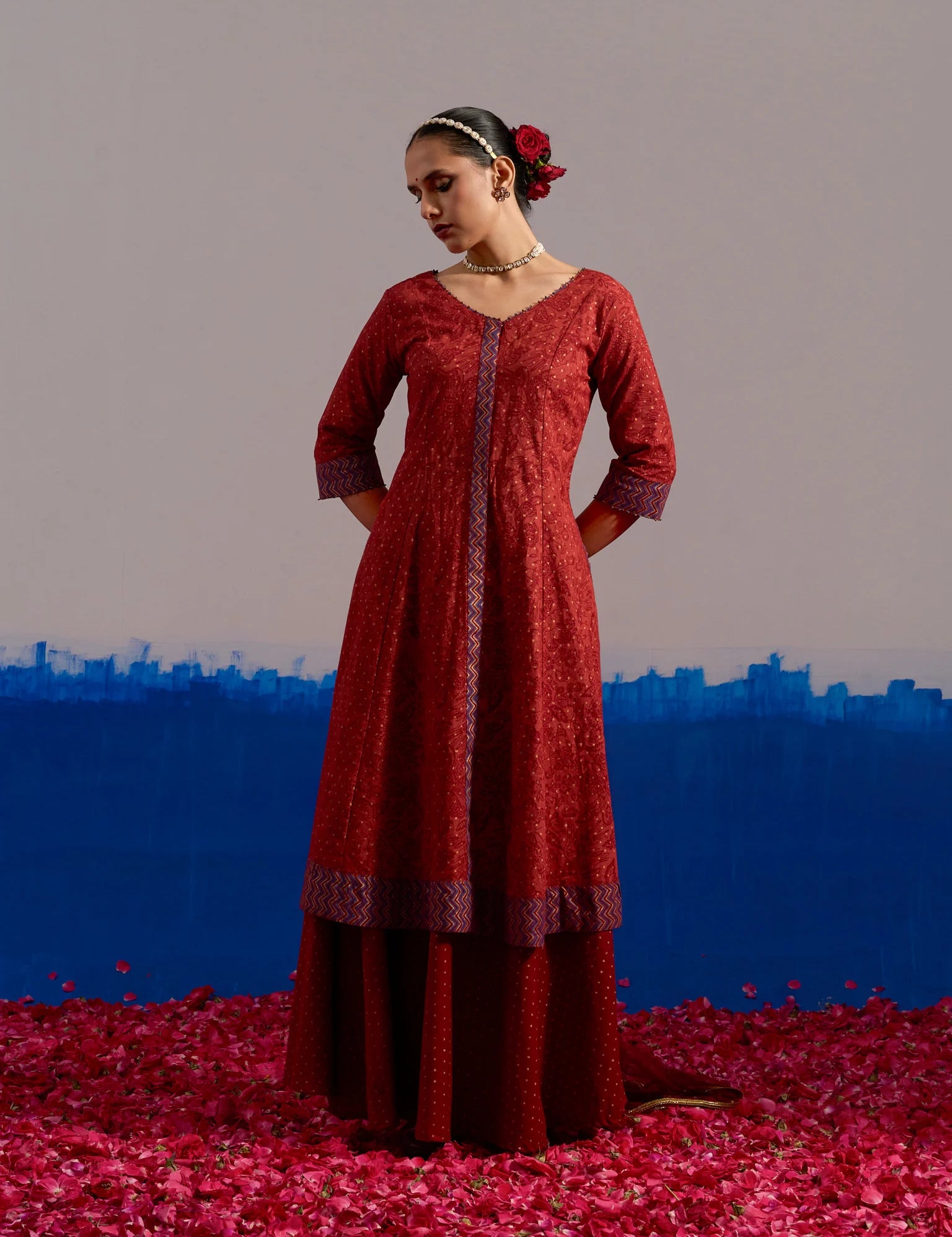RA Studio Maroon Block Printed Coord Set Flared Dress with Contrast Cuffs and Gold Dot Skirt