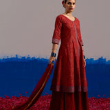Maroon Block Printed Coord Set Flared Dress with Contrast Cuffs and Gold Dot Skirt