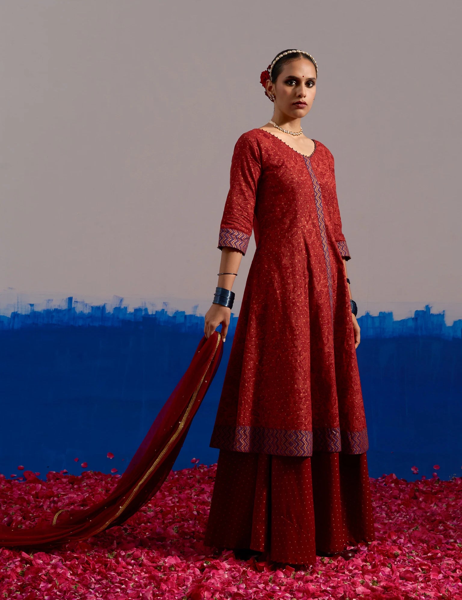 Maroon Block Printed Coord Set Flared Dress with Contrast Cuffs and Gold Dot Skirt