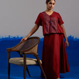 Maroon Block Print Coord Set with Zig-Zag Panel Top and Gold Dot Flared Skirt