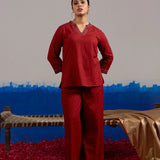 Coord Set Maroon Gold Dot Block Print with V-Neck Tunic and Flared Pants