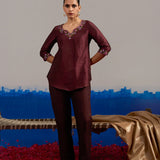 Coord Set Wine Red Dupion Silk Hand Embroidered