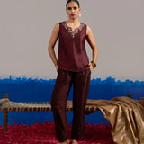 Coord Set Maroon Dupion Silk with Hand Embroidered Sleeveless Top and Wine Red Formal Pants