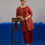 RA Studio Coord Set Red Gold Block Print with Pleated Front-Open Kurta and Flared Pants
