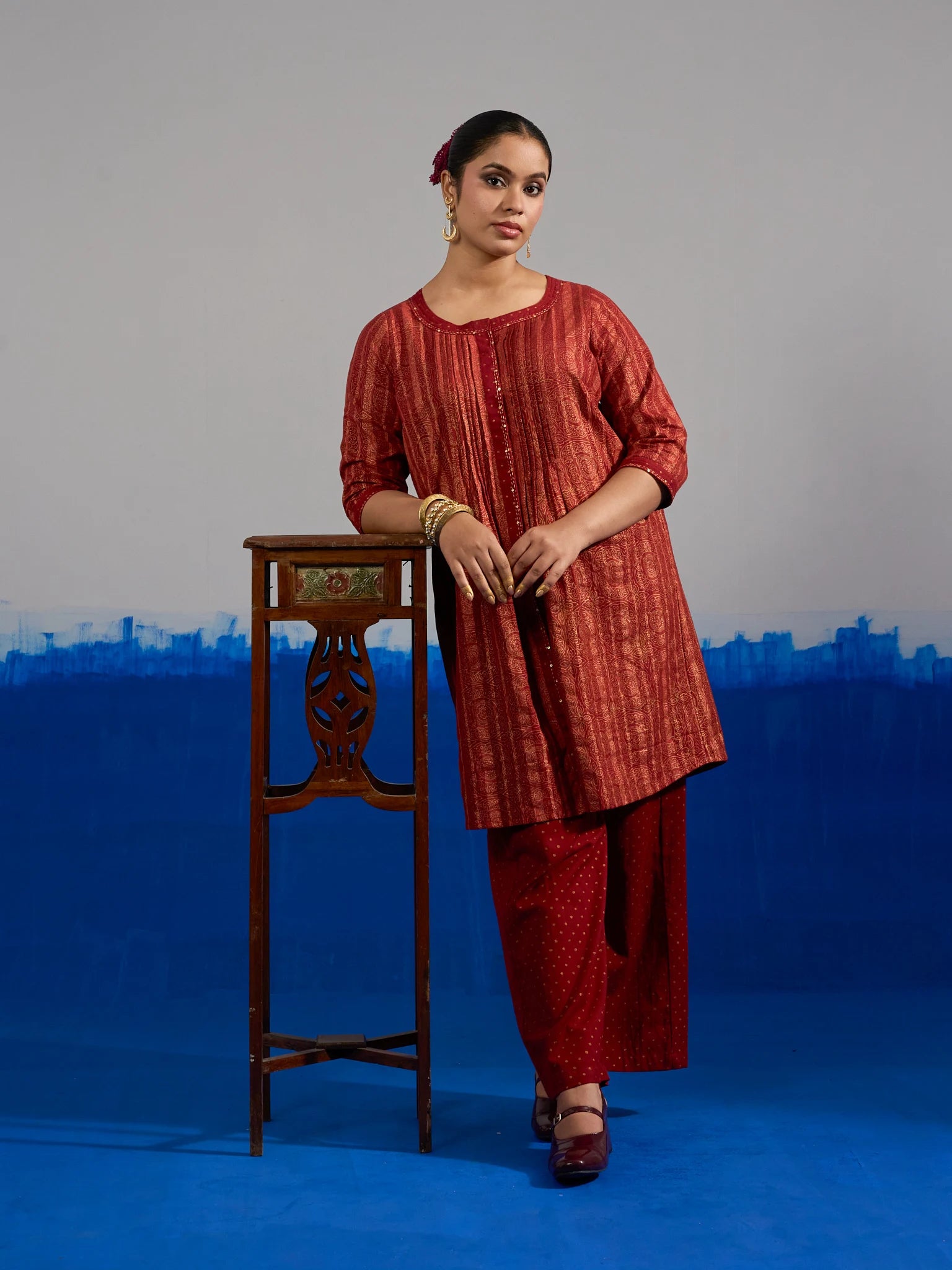 RA Studio Coord Set Red Gold Block Print with Pleated Front-Open Kurta and Flared Pants
