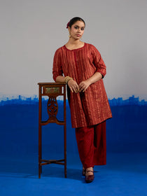 RA Studio Coord Set Red Gold Block Print with Pleated Front-Open Kurta and Flared Pants