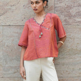 Peach Mangalgiri Cotton Angrakha Tie-Up Crop Top with Mirror Hand Embroidery