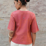 Peach Mangalgiri Cotton Angrakha Tie-Up Crop Top with Mirror Hand Embroidery