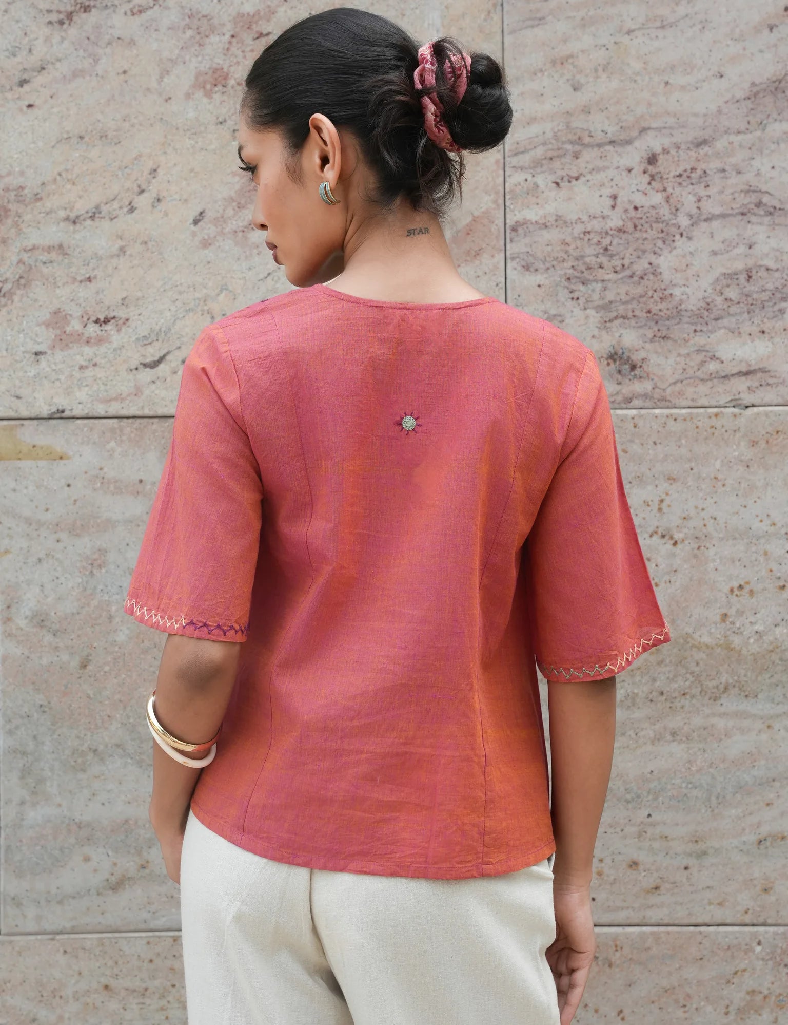 Peach Mangalgiri Cotton Angrakha Tie-Up Crop Top with Mirror Hand Embroidery