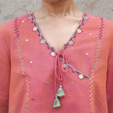 Peach Mangalgiri Cotton Angrakha Tie-Up Crop Top with Mirror Hand Embroidery