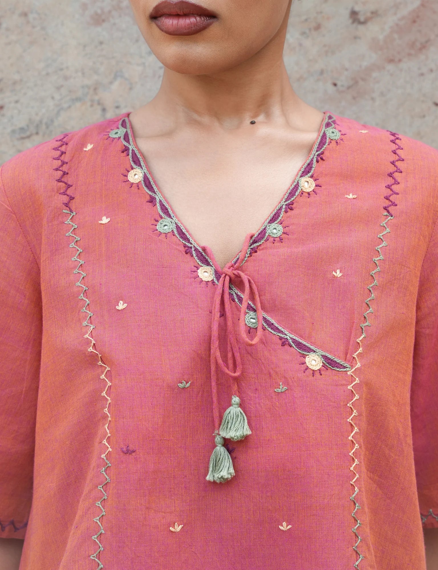 Peach Mangalgiri Cotton Angrakha Tie-Up Crop Top with Mirror Hand Embroidery