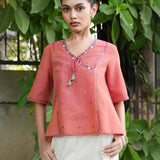 Peach Mangalgiri Cotton Angrakha Tie-Up Crop Top with Mirror Hand Embroidery