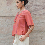 Peach Mangalgiri Cotton Angrakha Tie-Up Crop Top with Mirror Hand Embroidery