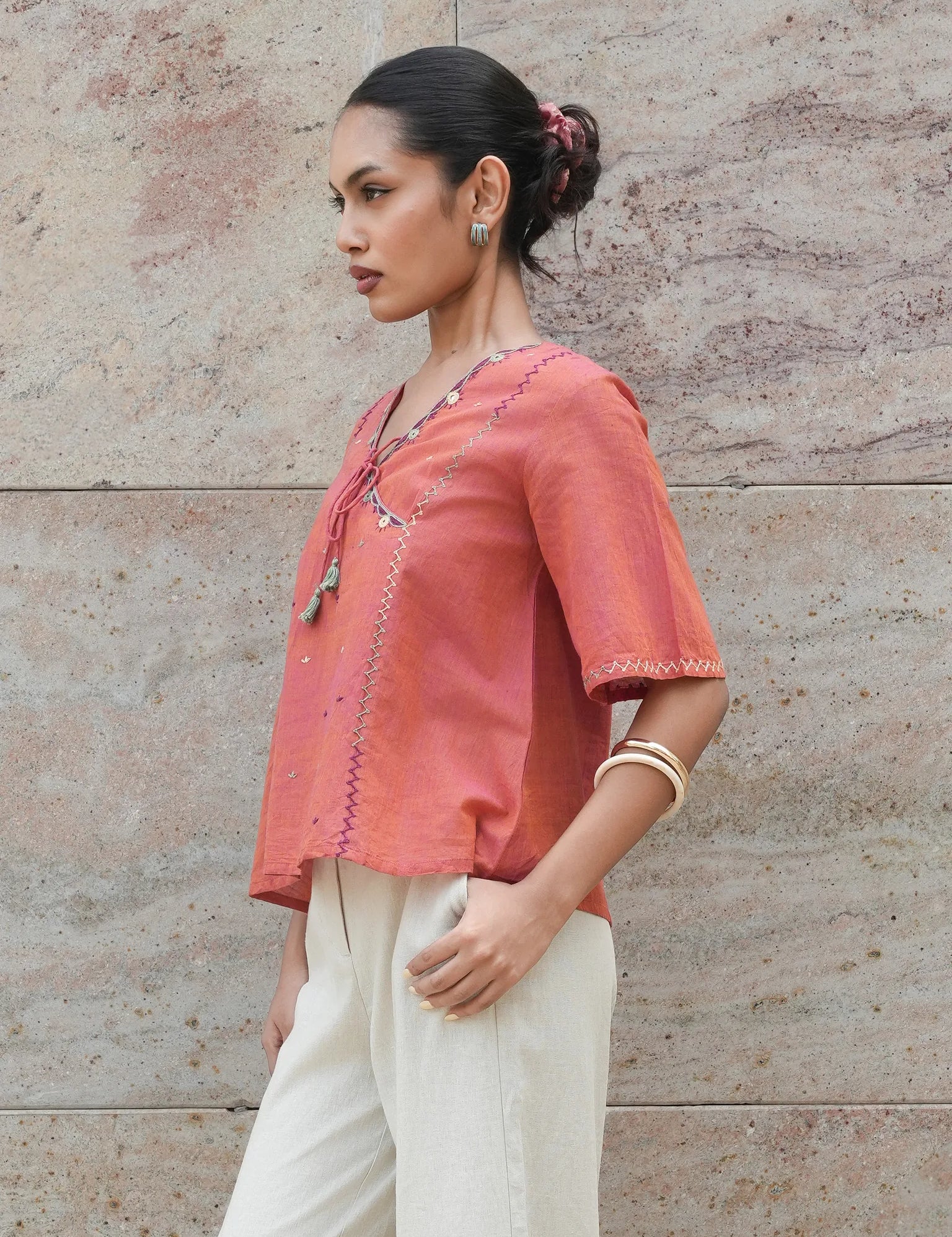 Peach Mangalgiri Cotton Angrakha Tie-Up Crop Top with Mirror Hand Embroidery