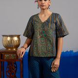RA Studio Blue Base Crop Top with Tie-up in Stripe and Circular Block Print