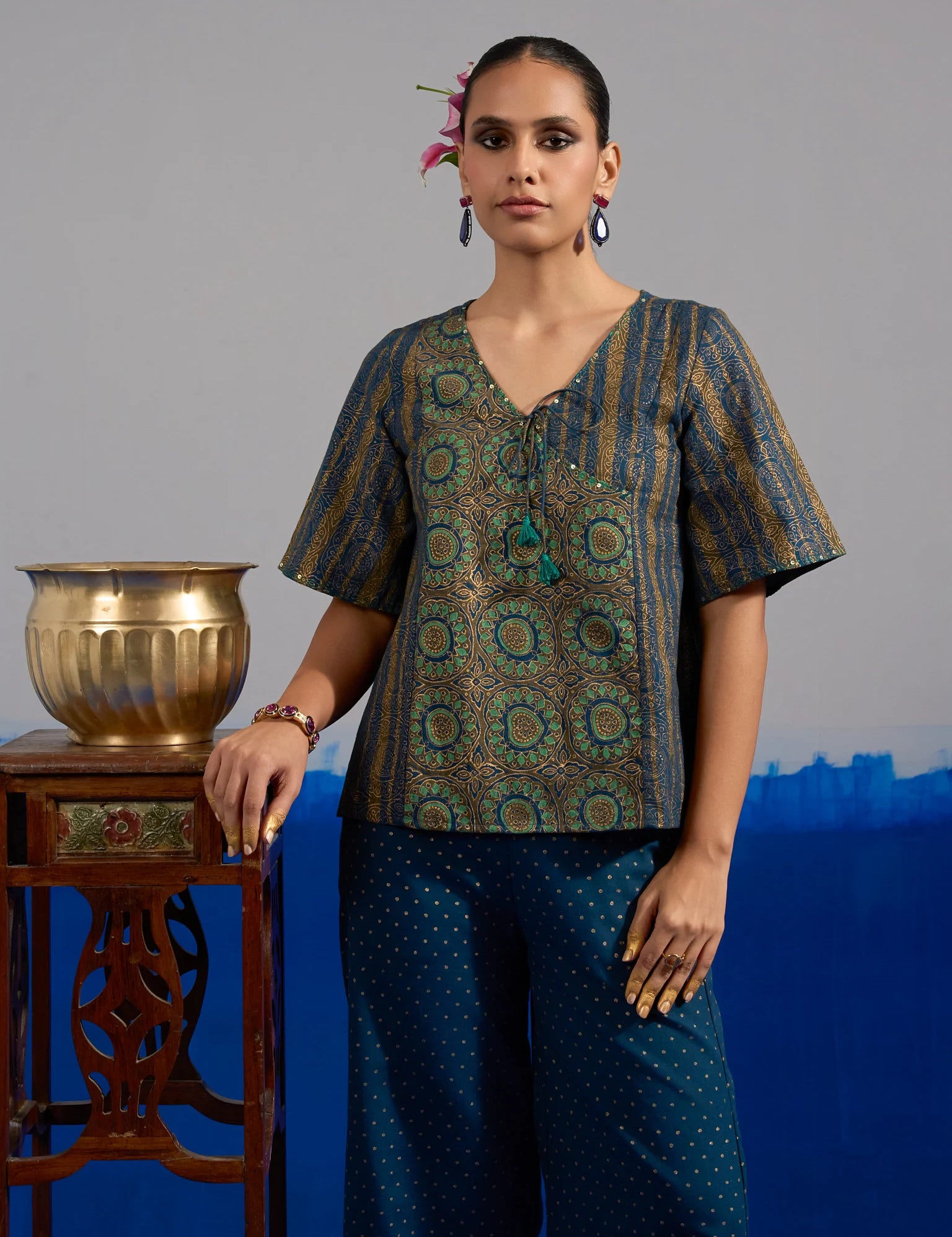 RA Studio Blue Base Crop Top with Tie-up in Stripe and Circular Block Print