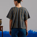 RA Studio Blue Base Crop Top with Tie-up in Stripe and Circular Block Print