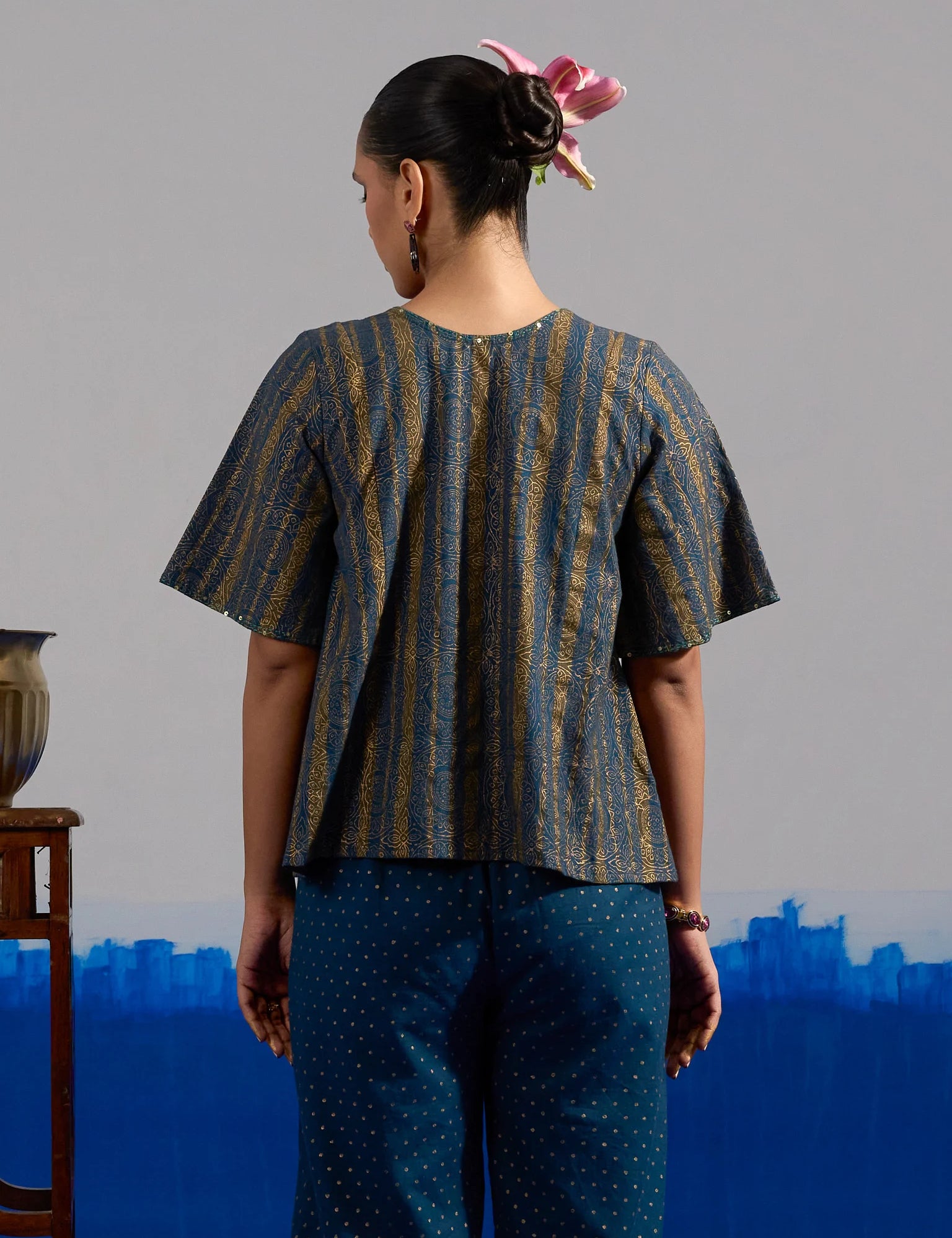 RA Studio Blue Base Crop Top with Tie-up in Stripe and Circular Block Print