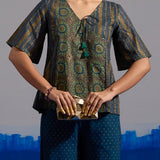 RA Studio Blue Base Crop Top with Tie-up in Stripe and Circular Block Print