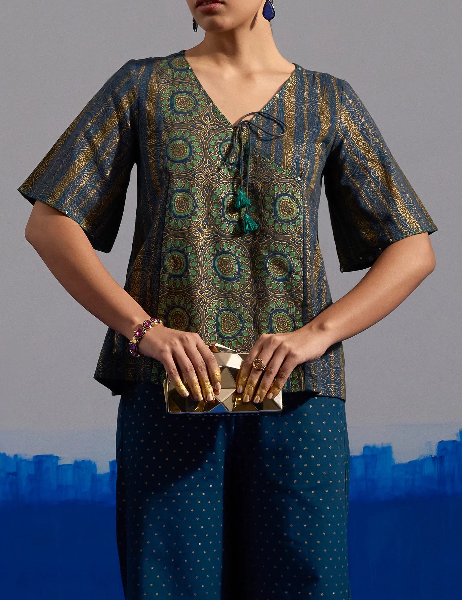 RA Studio Blue Base Crop Top with Tie-up in Stripe and Circular Block Print