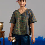 RA Studio Blue Base Crop Top with Tie-up in Stripe and Circular Block Print