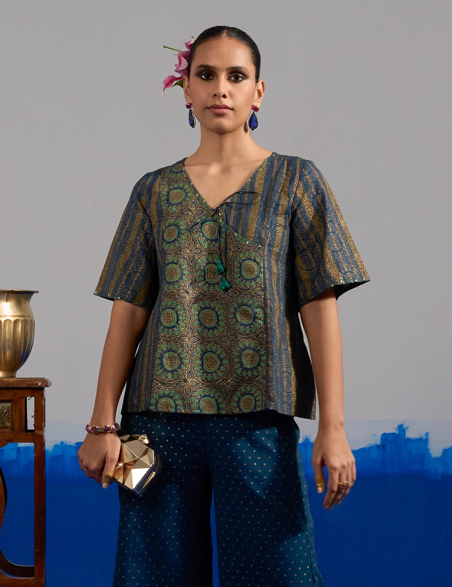 RA Studio Blue Base Crop Top with Tie-up in Stripe and Circular Block Print