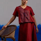 RA Studio Maroon Block Print Top with Contrast Zig-Zag patchwork Panel and Tie-Up Detail