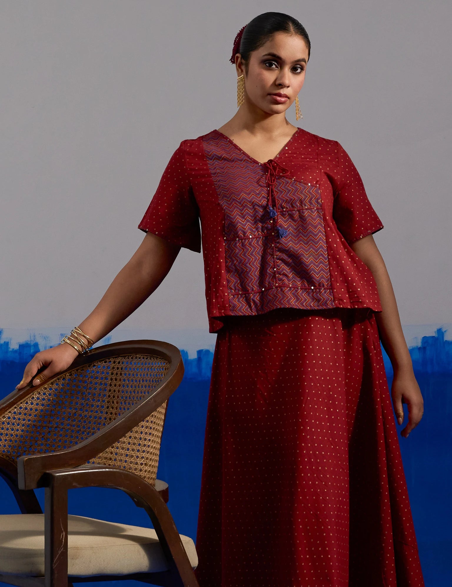 RA Studio Maroon Block Print Top with Contrast Zig-Zag patchwork Panel and Tie-Up Detail