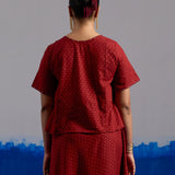 RA Studio Maroon Block Print Top with Contrast Zig-Zag patchwork Panel and Tie-Up Detail