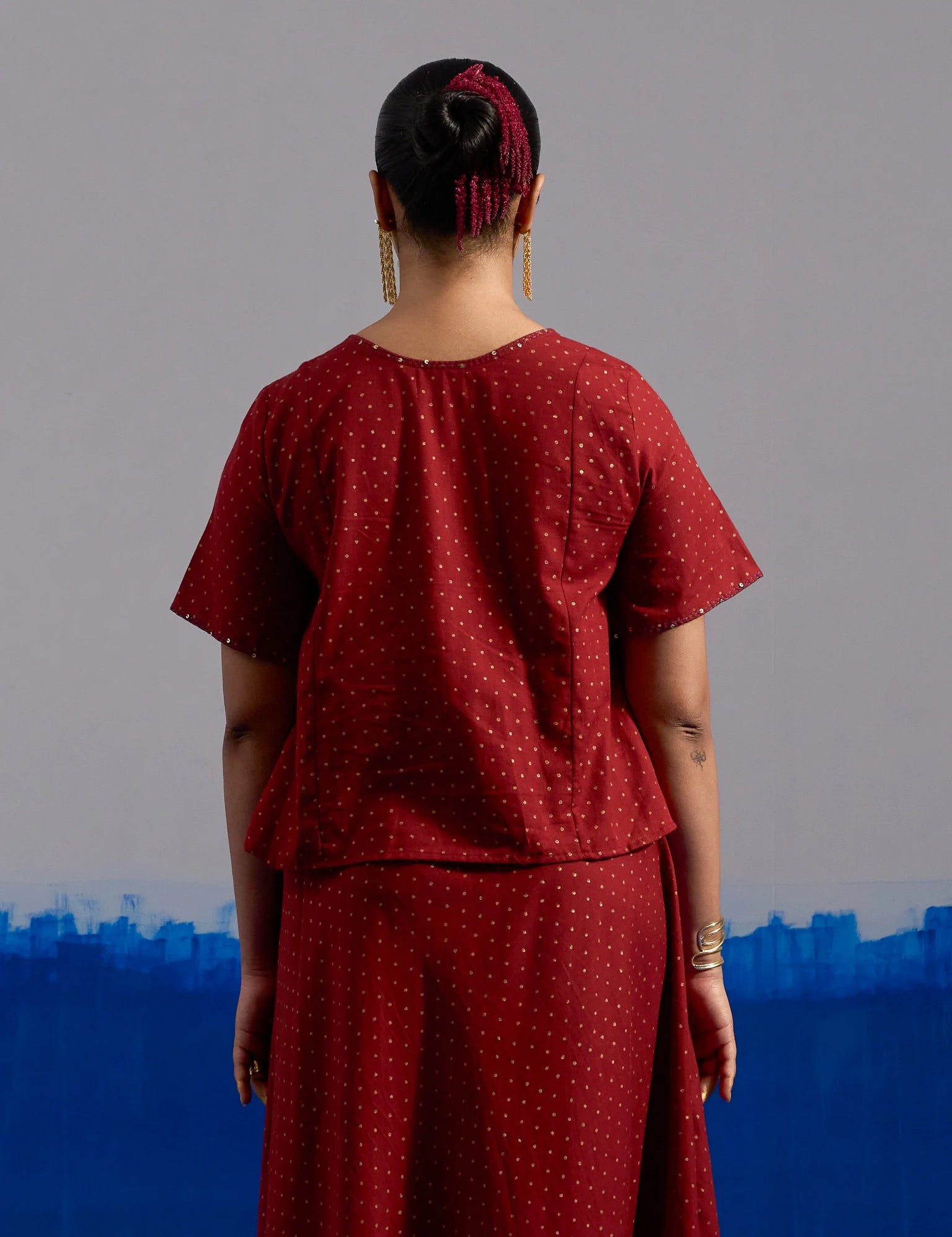 RA Studio Maroon Block Print Top with Contrast Zig-Zag patchwork Panel and Tie-Up Detail
