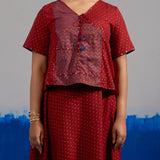 RA Studio Maroon Block Print Top with Contrast Zig-Zag patchwork Panel and Tie-Up Detail