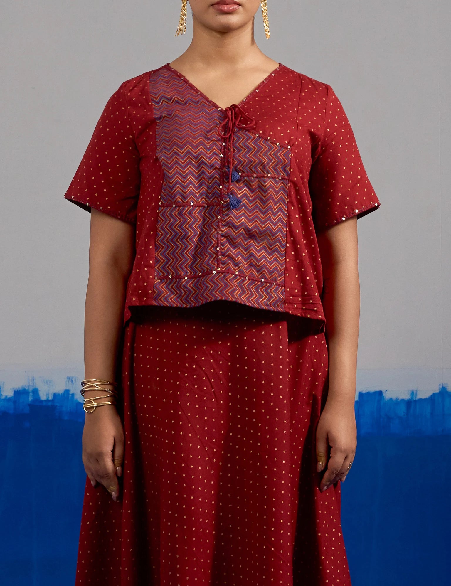 RA Studio Maroon Block Print Top with Contrast Zig-Zag patchwork Panel and Tie-Up Detail