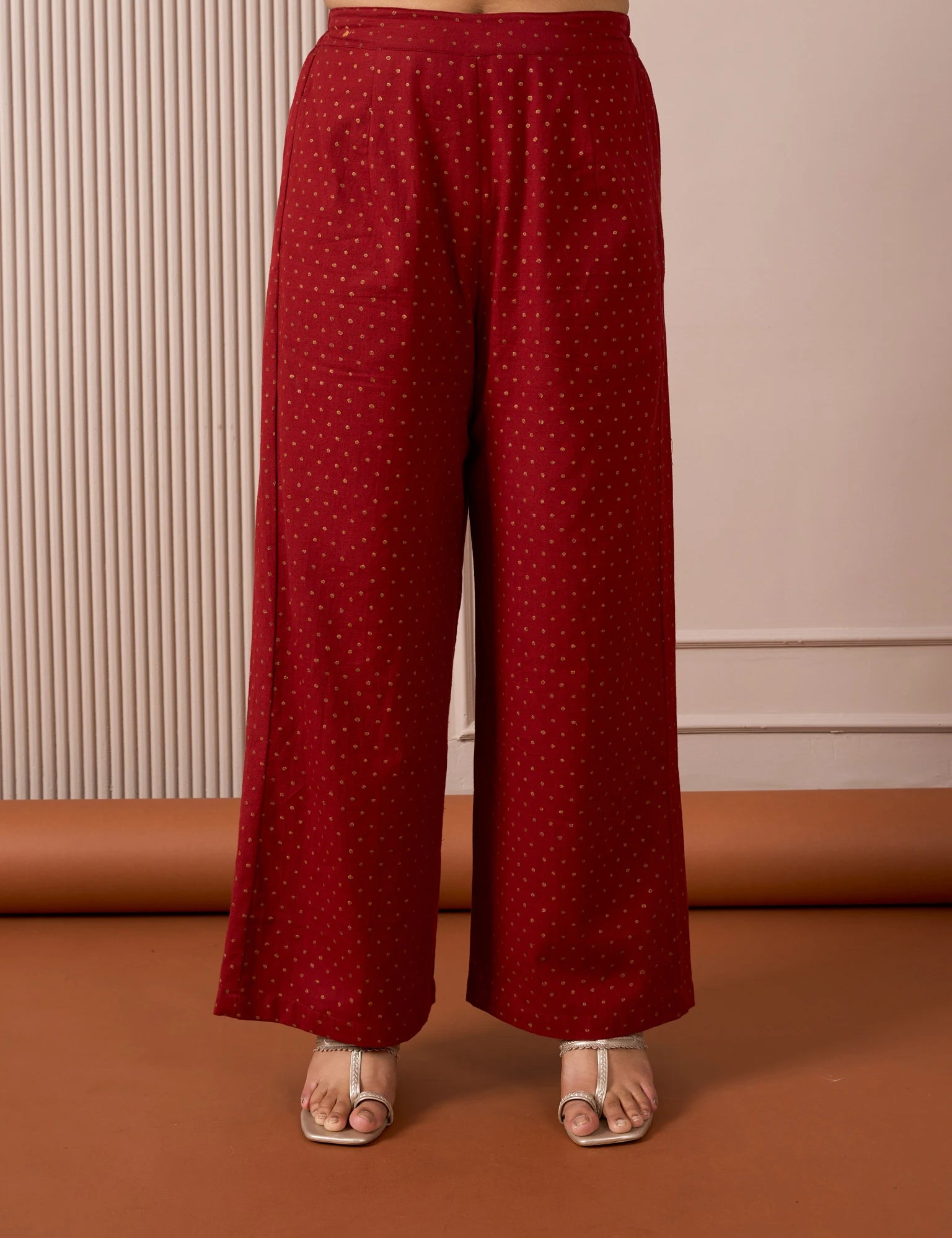 RA Studio Red Flared Pants with Gold Dot Block Print Detailing