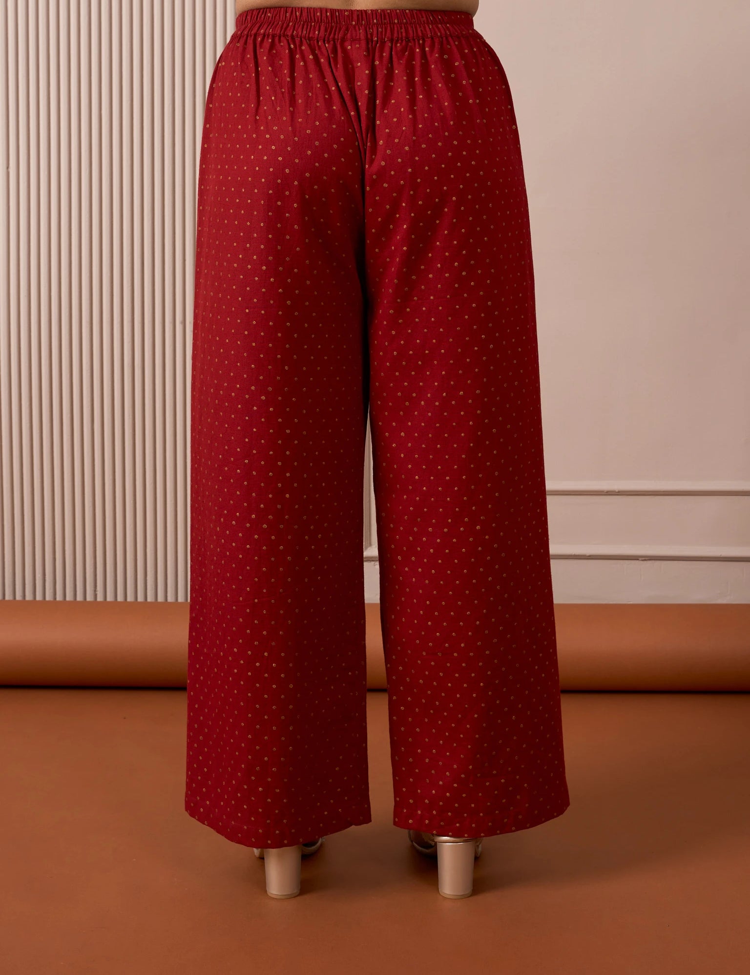 RA Studio Red Flared Pants with Gold Dot Block Print Detailing