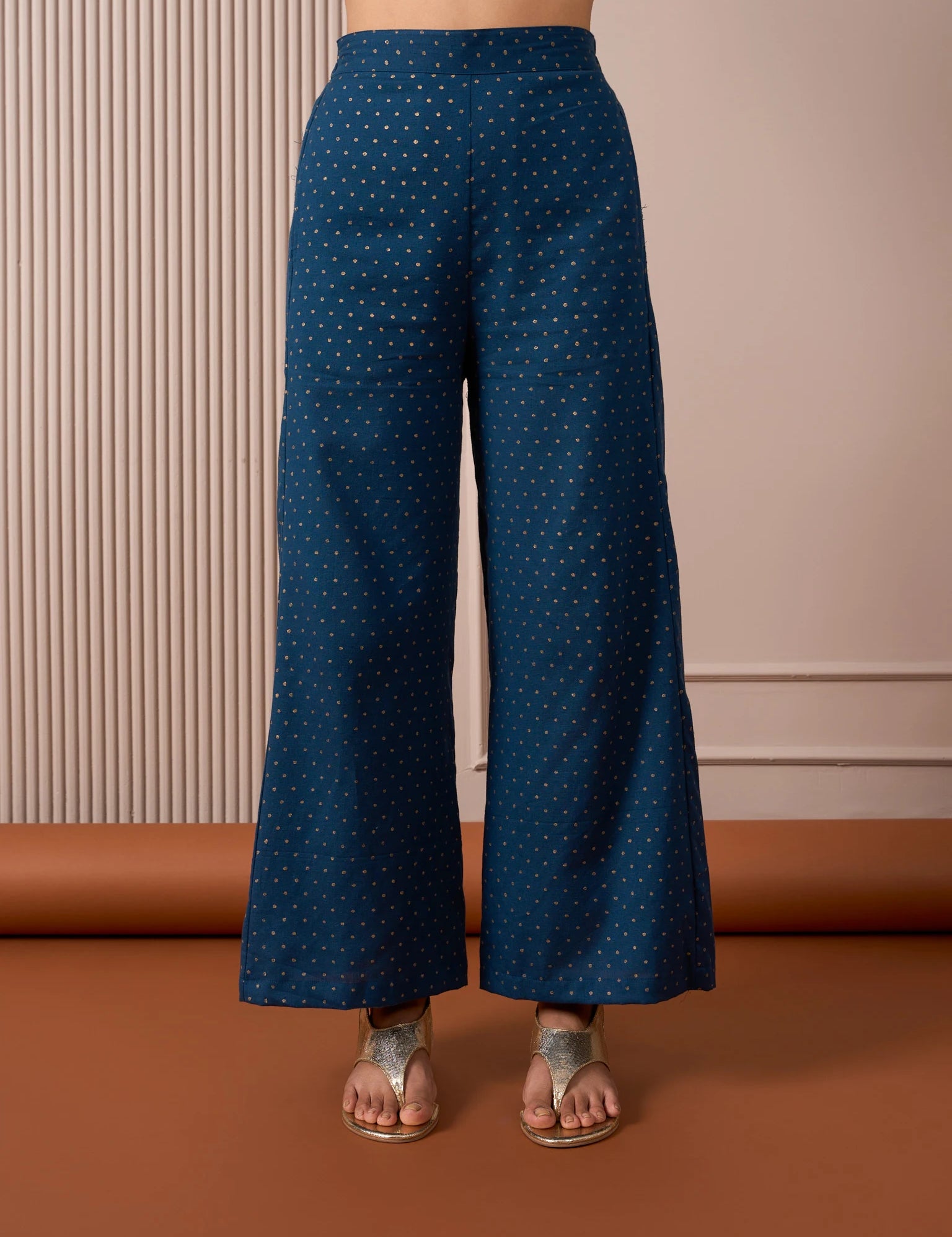 RA Studio Blue Flared Pants with Gold Dot Block Print Detailing