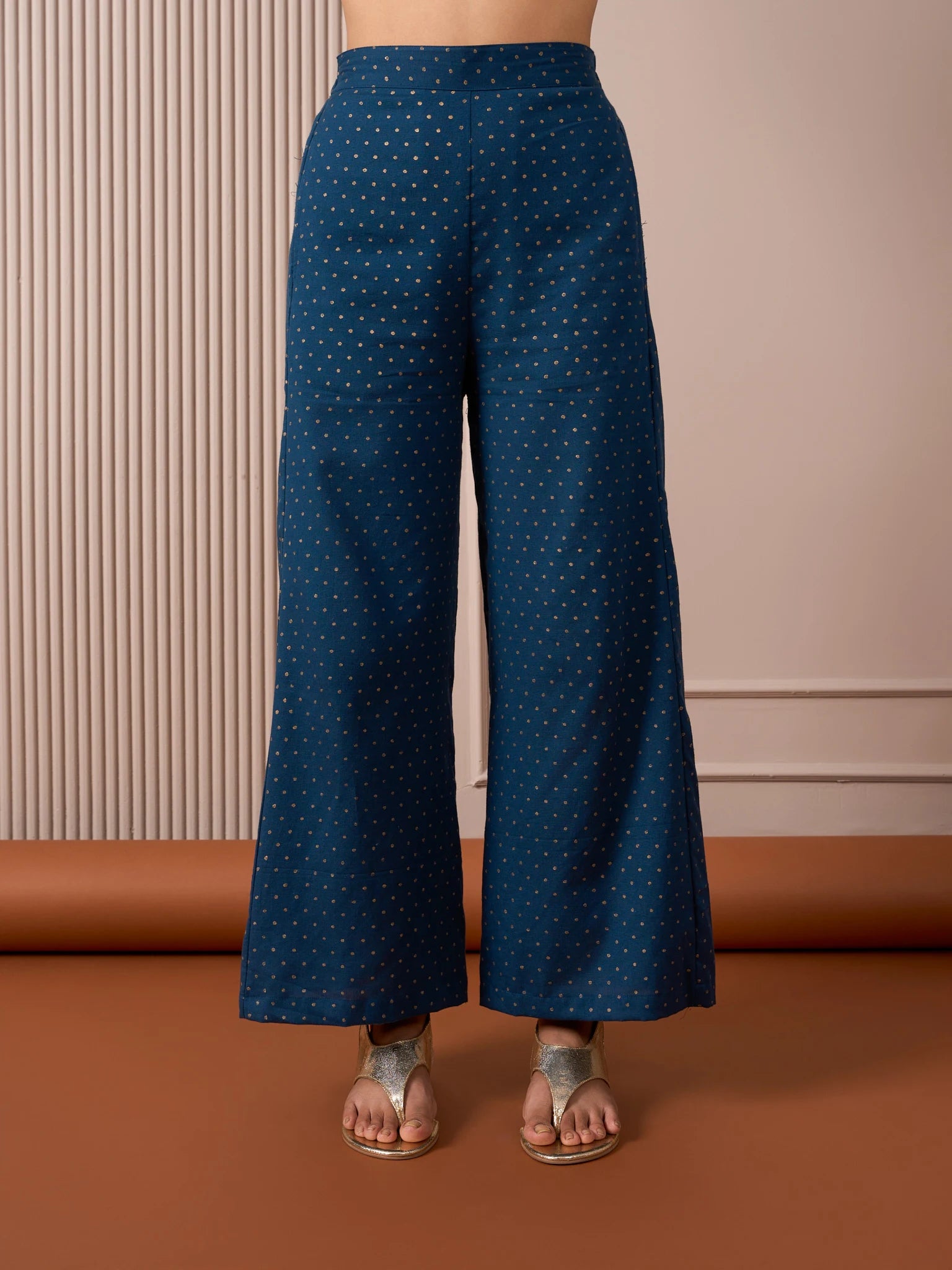 RA Studio Blue Flared Pants with Gold Dot Block Print Detailing