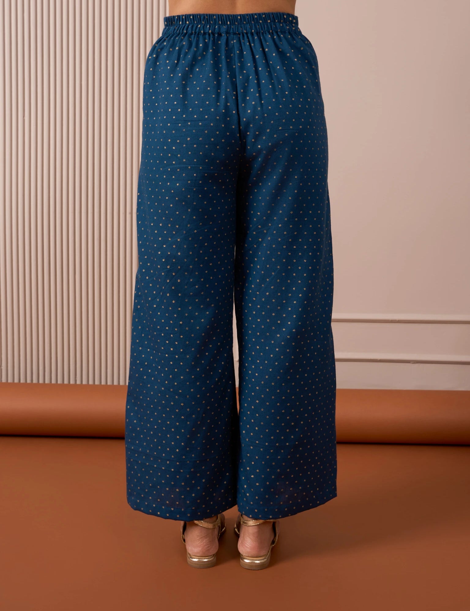 RA Studio Blue Flared Pants with Gold Dot Block Print Detailing