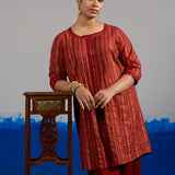RA Studio Red Pleated Front Open Kurta in Gold Block Print