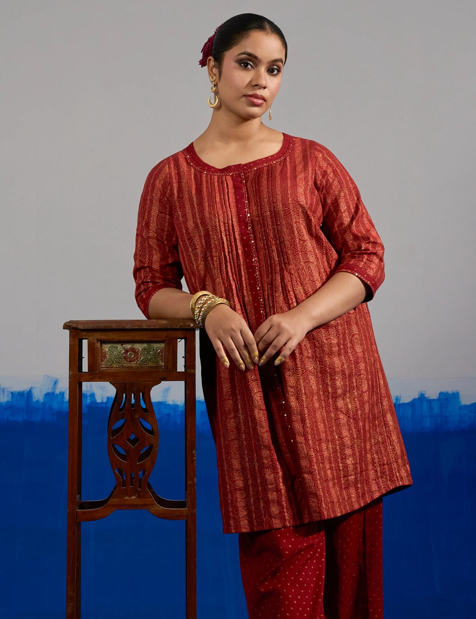 RA Studio Red Pleated Front Open Kurta in Gold Block Print