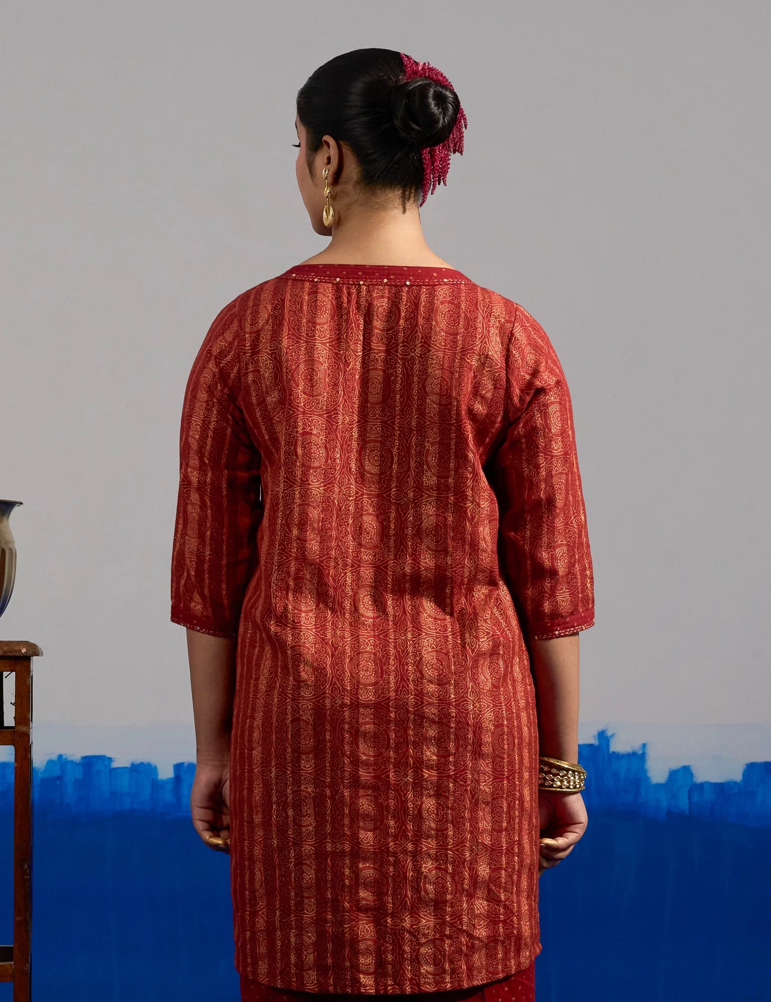 RA Studio Red Pleated Front Open Kurta in Gold Block Print