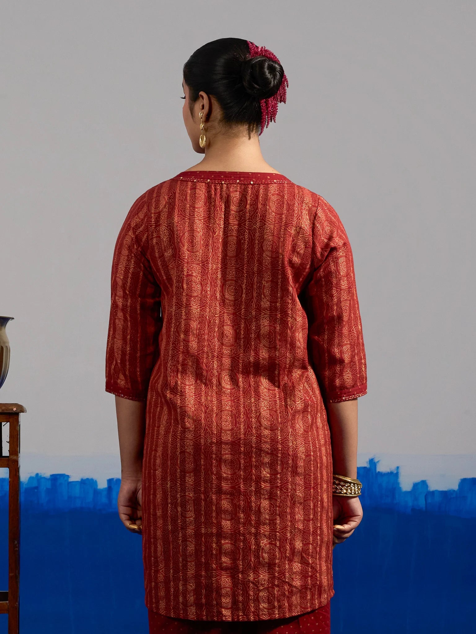RA Studio Red Pleated Front Open Kurta in Gold Block Print