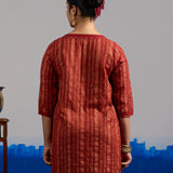 RA Studio Red Pleated Front Open Kurta in Gold Block Print