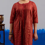 RA Studio Red Pleated Front Open Kurta in Gold Block Print