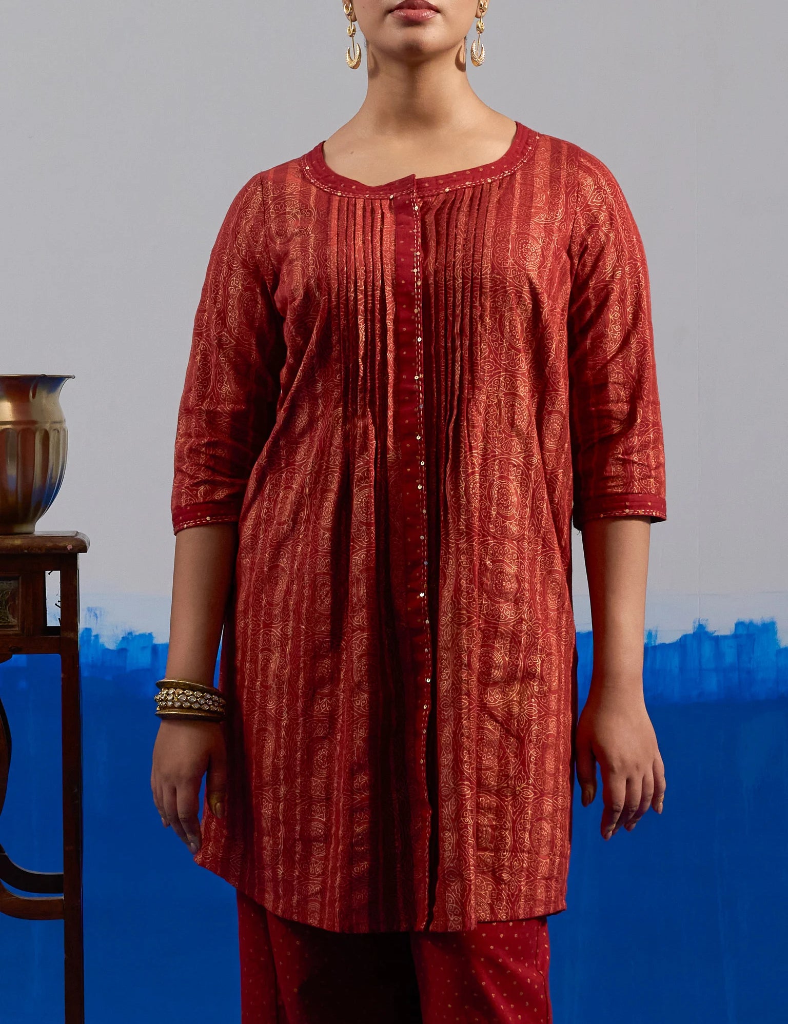 RA Studio Red Pleated Front Open Kurta in Gold Block Print